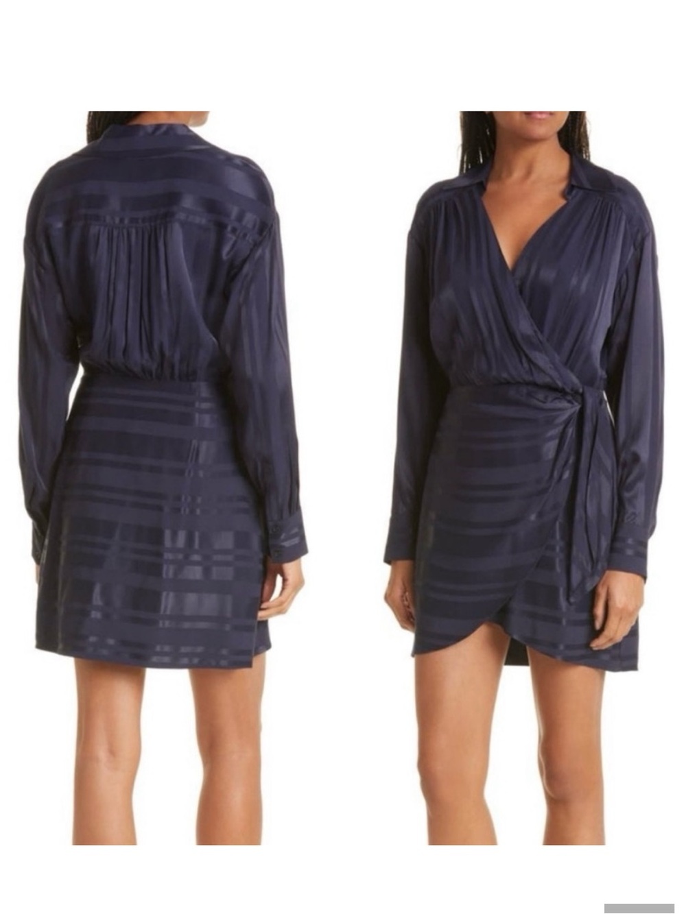 Milly Navy Tonal Stripe Long-Sleeve Wrap Dress